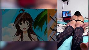 Reacting to hentai blowjobs with cum in throat and big tits, I love how my stepbro shows my ass.