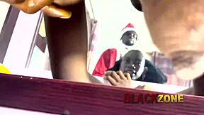 Father Christmas Santa shares a lovely moment in the bedroom, enjoying close-up time with ebony beauty and small 18+ waist.