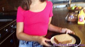 Teen 18+ Licks Pussy on Counter in Homemade Lesbian Scene