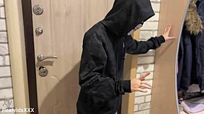 Sexy Brunette Thief with Pierced Nipples Caught and Fucked in Homemade Trap