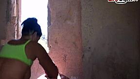 in the outdoors, a hot german milf brunette rides her lover's cock passionately