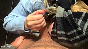 curvy babe blows in public toilet