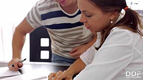 horny russian teen bends over desk for rough banging