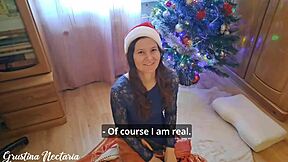 Russian Santa Bangs Girl Under Christmas Tree in Stockings