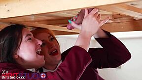 Hey, watch us milk this guy’s cock in our uniforms!