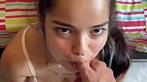 Novinha debora prado falls on hairy cock for deep sloppy blowjob