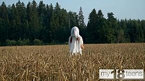 Cute Girl Masturbates Pussy In Field!