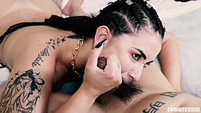 Brunette teen with hairy pussy dives into muff and blowjob in one-on-one session