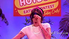 Hotdog eating contest where Dkye gets her strapon wet with horny lesbian action.