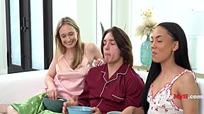 Hey, can virgin dude handle the horniest step family in wild threesome?