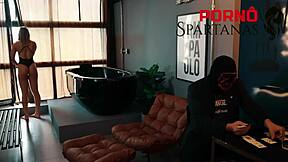 In the close-up, pretty gabily moans during orgasm bent over in cowgirl position, tan lines and big ass visible