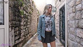 blonde couple's intense outdoor walk with vibrator in pussy