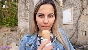 blonde couple's intense outdoor walk with vibrator in pussy