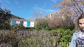 blonde couple's intense outdoor walk with vibrator in pussy