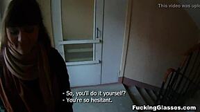 Shy glasses teen rina fucks on stairway despite being skinny and shaved