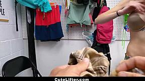 Gorgeous nerdy thief getting banged over the security office table.