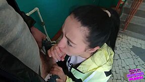 Risky public blowjob on staircase with eager friend