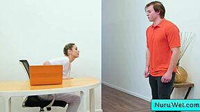 Lovely Pigtail Blonde Masseuse Rubs Naked Body on Horny Client