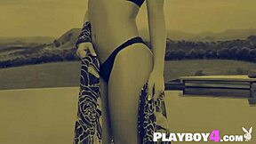 All natural milf rips clothes in hot striptease, exposing big tits and pussy outdoors for playboy