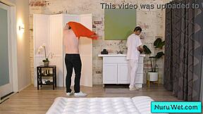 Lovely Pigtail Blonde Masseuse Rubs Naked Body on Horny Client