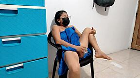 young girl plays with dildo after shower, moaning softly in the bathroom