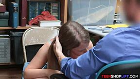 I caught the teen shoplifter and she worked me with her mouth and pussy bent over