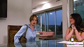 Babysitter licks lesbian pussy and slaps boss's tits.