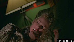 Stunning blonde teen sweats hard while fingering to intense orgasm.