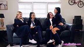 Hell Yeah! Inexperienced Besties Share Hard Cock in Wild Uniform Foursome Action