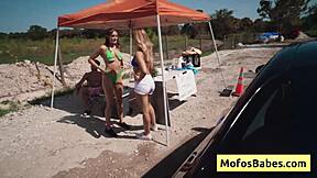 JC Wilds moans as Johnny Love's big cock fills her wet pussy at the car wash