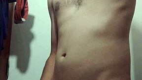 young woman undresses in bathroom for solo session