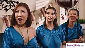 Asian Brunette Lesbians Start with Pussy Licking in Hot Face-Sitting.