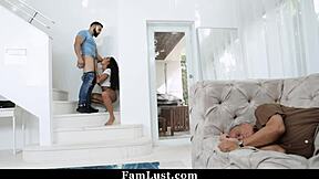 Stepsister rips stepbro's monster cock out and sucks it while stepdad rests