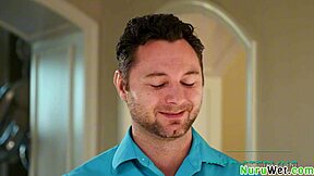 Brunette busty teen 18+ masseuse prepares client for nuru massage in shower