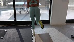 Fit teen with bubble butt bangs trainer after gym workout