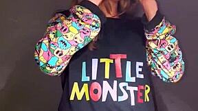 Bonneyuwu in pajamas plays with dildo and plushie on bed