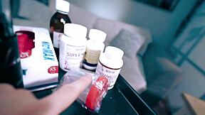 Sexy nurse in latex gloves aids patient with cum collection