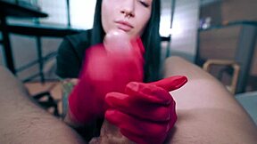 Sexy nurse in latex gloves aids patient with cum collection