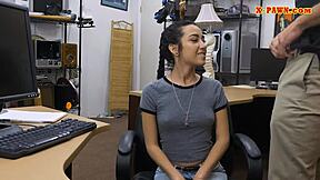 petite shaved teen gets intriguingly drilled by pawnshop owner in pov blowjob