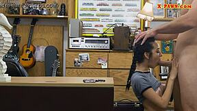 petite shaved teen gets intriguingly drilled by pawnshop owner in pov blowjob