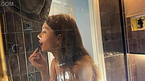 Petite College Cheerleader Strips Panties in Bathroom. Shows Pussy Under Miniskirt for Voyeur Thrills!