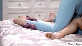 Busty stepmom and stepdaughter tribbing to orgasm in lesbian fun.