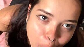 cute and submissive girlfriend giving a deep and sloppy blowjob to a big dick