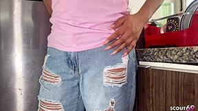 Beauty face Latina teen 18+ bitch caught masturbating at hostel kitchen and gets anal sex by old German tourist