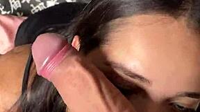 cute and submissive girlfriend giving a deep and sloppy blowjob to a big dick