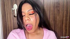 Beauty face Latina teen 18+ bitch caught masturbating at hostel kitchen and gets anal sex by old German tourist