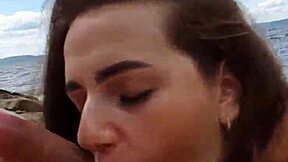 Beautiful Brunette Sucks Cock Outdoors On The River For Cum