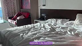 big tits girl begs for favor on beach