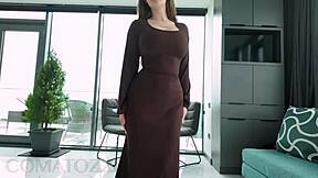 busty babe in dress shows natural tits and takes cumshot