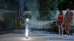 Perky tits stepmom sucks and fucks big cock of stepson in doggystyle.